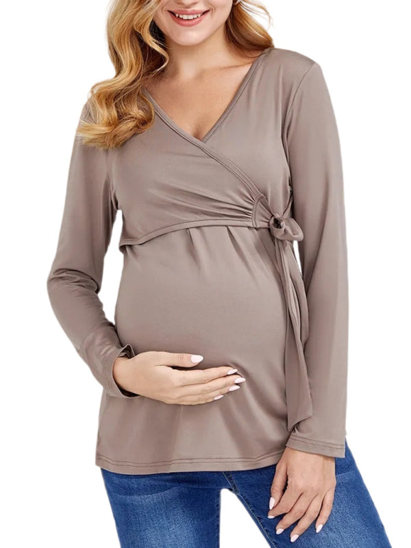 European and American solid color nursing V-neck long-sleeved maternity dress - Hiccupzz