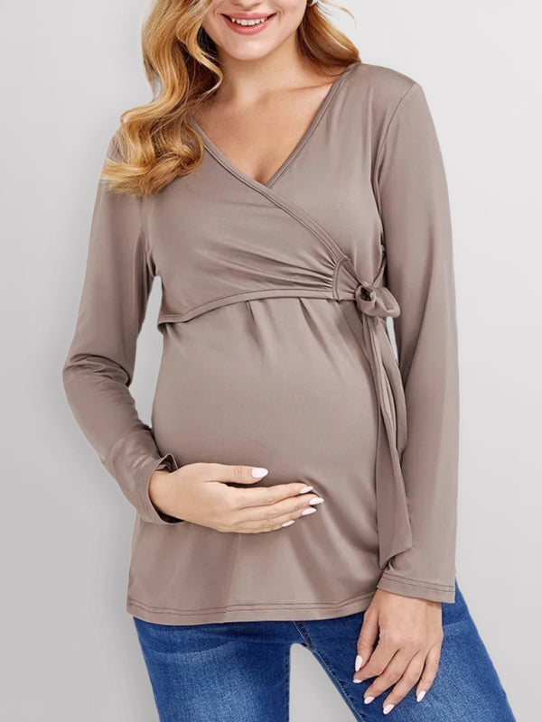European and American solid color nursing V-neck long-sleeved maternity dress - Hiccupzz