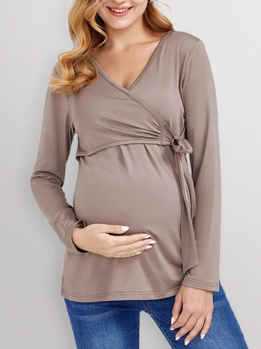 European and American solid color nursing V-neck long-sleeved maternity dress - Hiccupzz