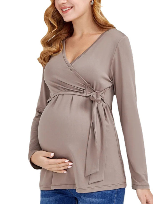 European and American solid color nursing V-neck long-sleeved maternity dress - Hiccupzz