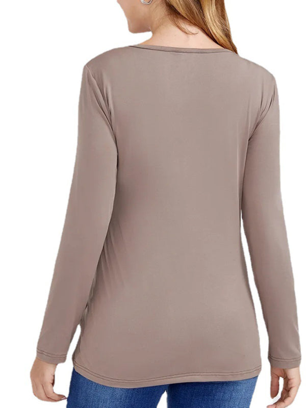 European and American solid color nursing V-neck long-sleeved maternity dress - Hiccupzz