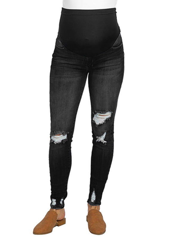Maternity solid color belly support casual jeans - Hiccupzz