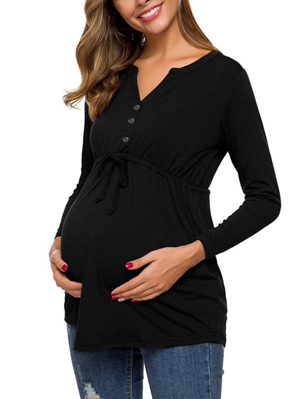 Maternity solid color drawstring button half cardigan long-sleeve T-shirt - Hiccupzz