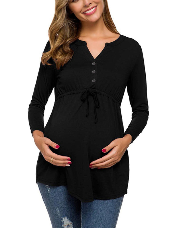 Maternity solid color drawstring button half cardigan long-sleeve T-shirt - Hiccupzz