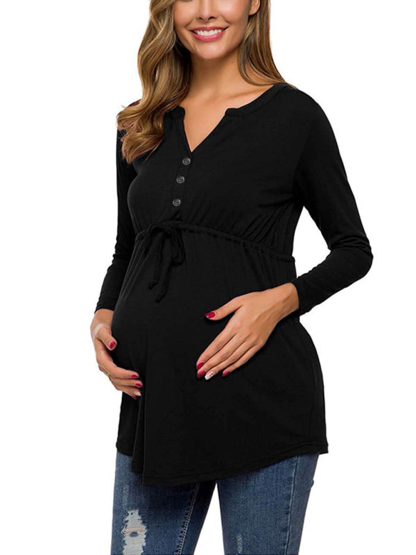 Maternity solid color drawstring button half cardigan long-sleeve T-shirt - Hiccupzz
