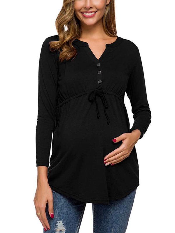 Maternity solid color drawstring button half cardigan long-sleeve T-shirt - Hiccupzz