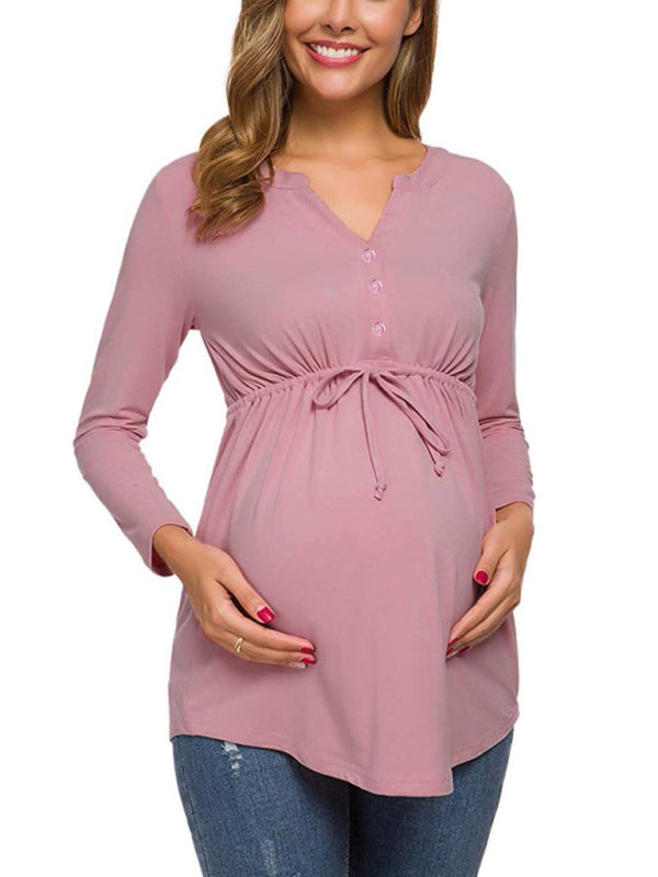 Maternity solid color drawstring button half cardigan long-sleeve T-shirt - Hiccupzz