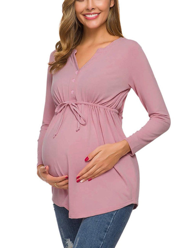 Maternity solid color drawstring button half cardigan long-sleeve T-shirt - Hiccupzz