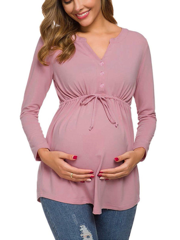 Maternity solid color drawstring button half cardigan long-sleeve T-shirt - Hiccupzz