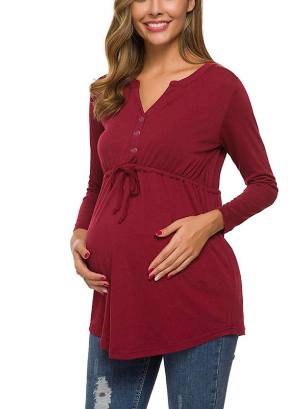 Maternity solid color drawstring button half cardigan long-sleeve T-shirt - Hiccupzz