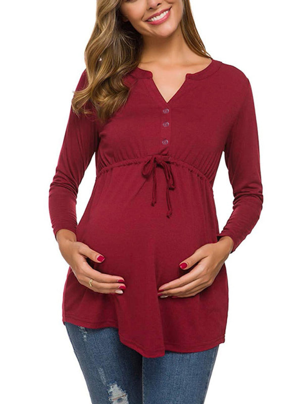 Maternity solid color drawstring button half cardigan long-sleeve T-shirt - Hiccupzz
