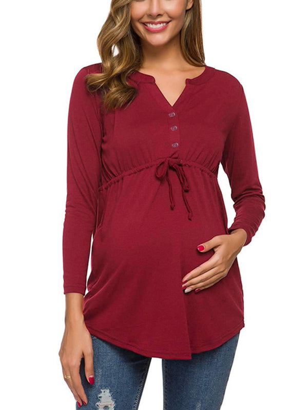 Maternity solid color drawstring button half cardigan long-sleeve T-shirt - Hiccupzz