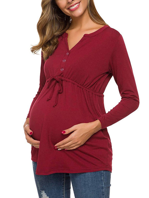 Maternity solid color drawstring button half cardigan long-sleeve T-shirt - Hiccupzz