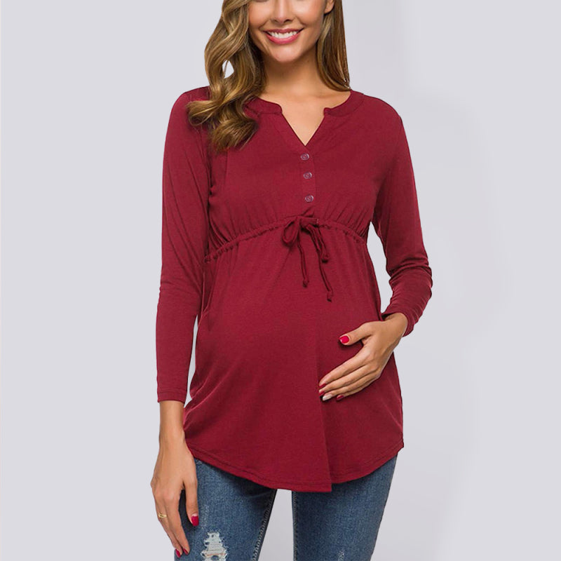Maternity solid color drawstring button half cardigan long-sleeve T-shirt - Hiccupzz