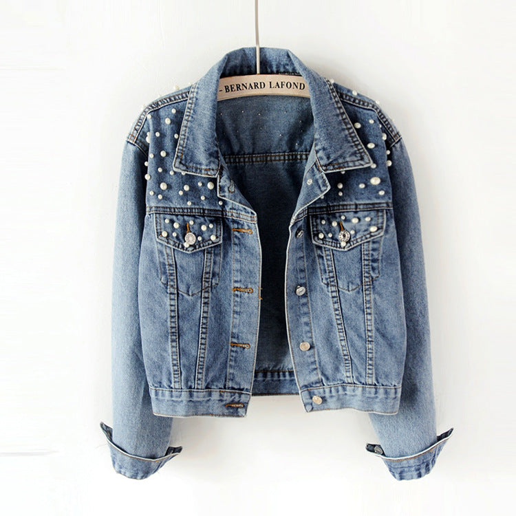Women's heavy beaded loose denim jacket - Hiccupzz