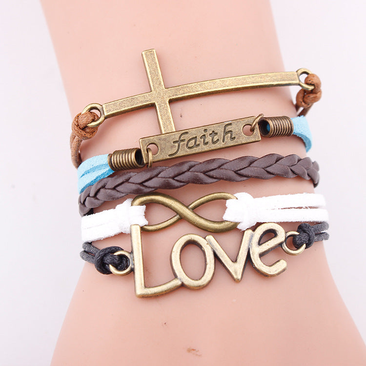 European and American bracelets love pendant fashion faith letter jewelry multi-layer woven leather rope bracelet bracelet - Hiccupzz