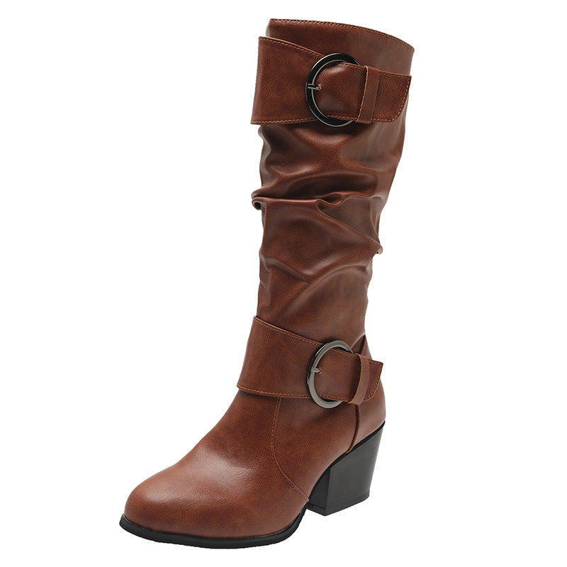 Western Cowboy Boots Women Buckle Chunky Mid Heel Shoes - Hiccupzz
