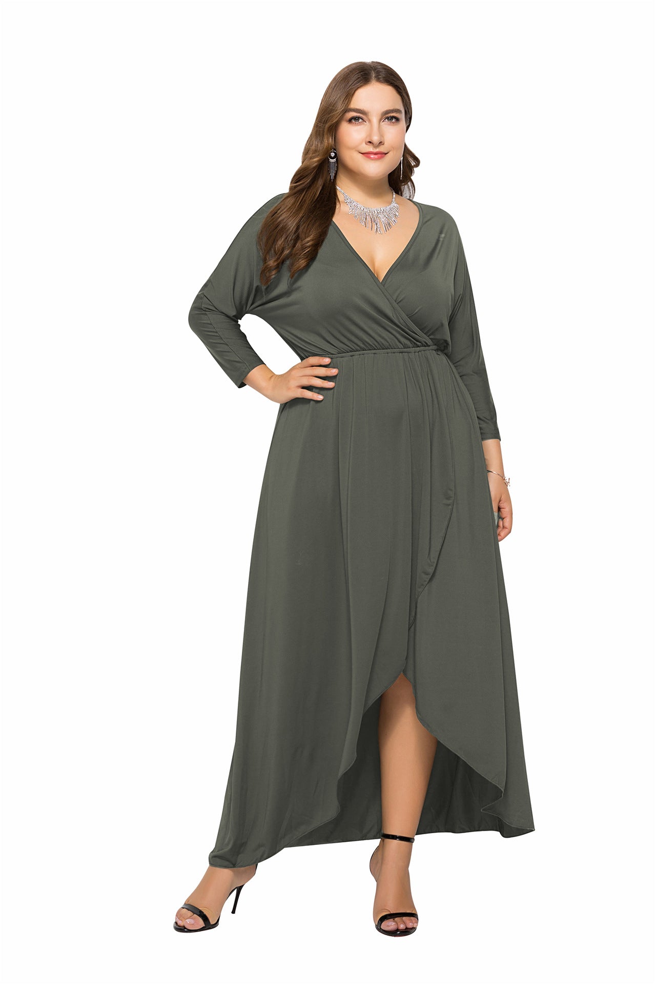 N V-neck Batwing Sleeve Large Hem Sheath Solid Color Dress - Hiccupzz