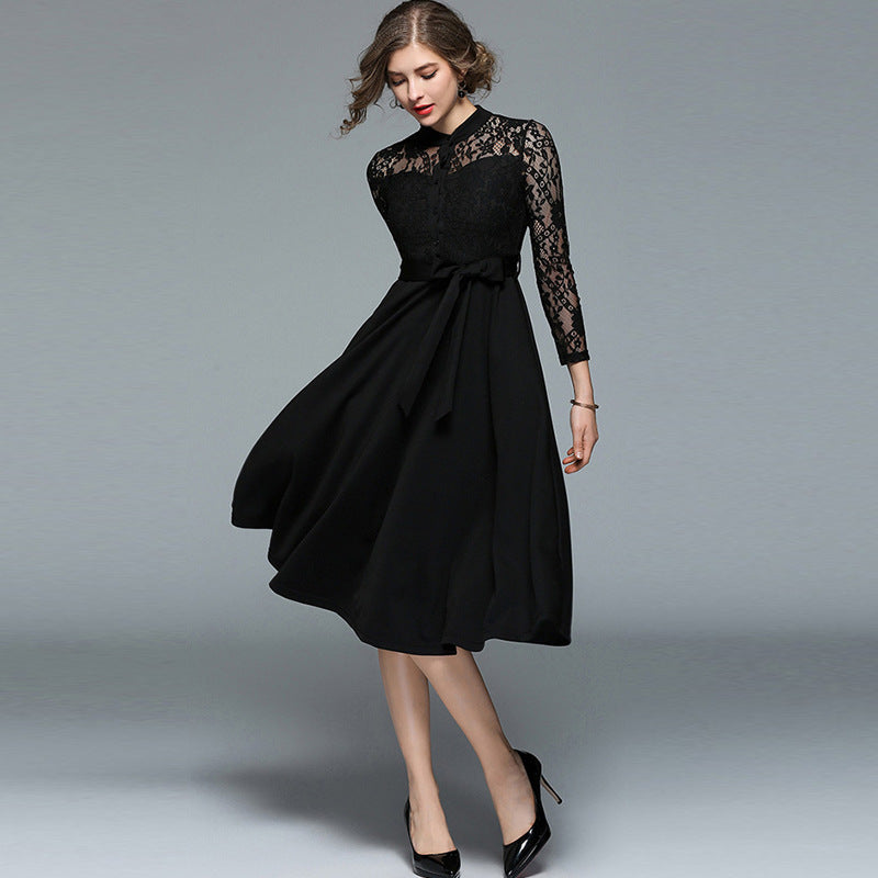 Women's Hollowed-out Lace Patchwork Lace Up Large Skirt - Hiccupzz