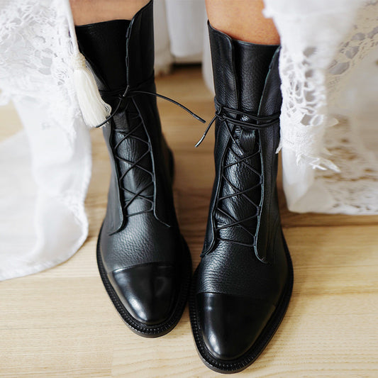 Mid-tube Locomotive Boots Lace-up Black Low-heeled - Hiccupzz