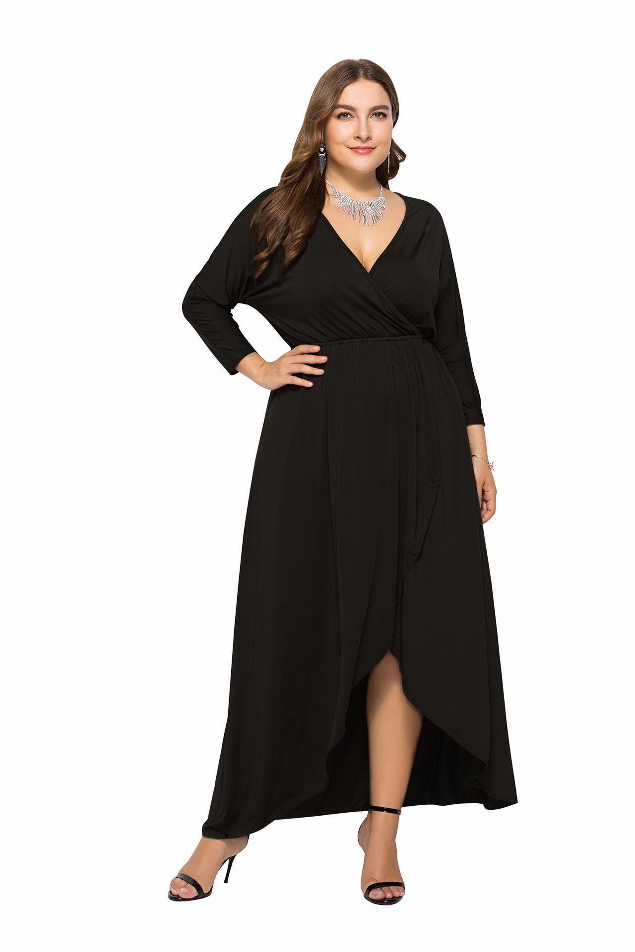 N V-neck Batwing Sleeve Large Hem Sheath Solid Color Dress - Hiccupzz