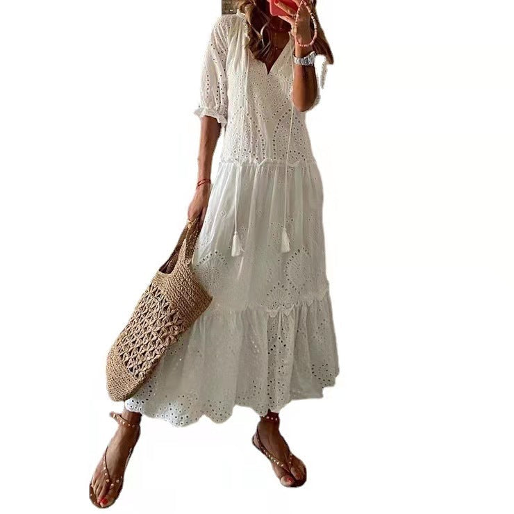 Casual And Sweet V-neck Printed Tassel Short Sleeve Midi Dress For Women - Hiccupzz