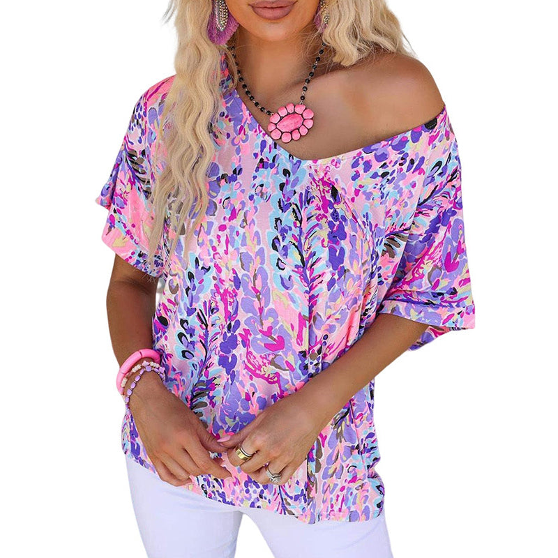 New Floral Painted T-shirt V-neck Short Sleeve Top - Hiccupzz