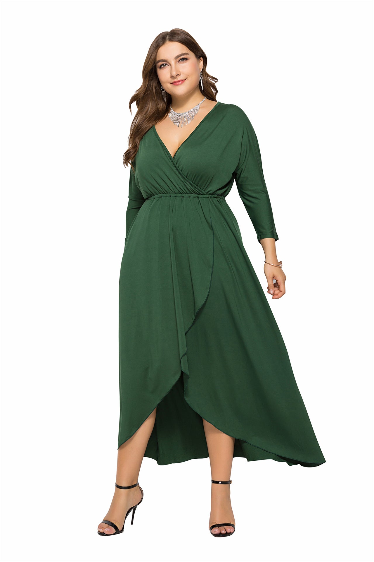 N V-neck Batwing Sleeve Large Hem Sheath Solid Color Dress - Hiccupzz