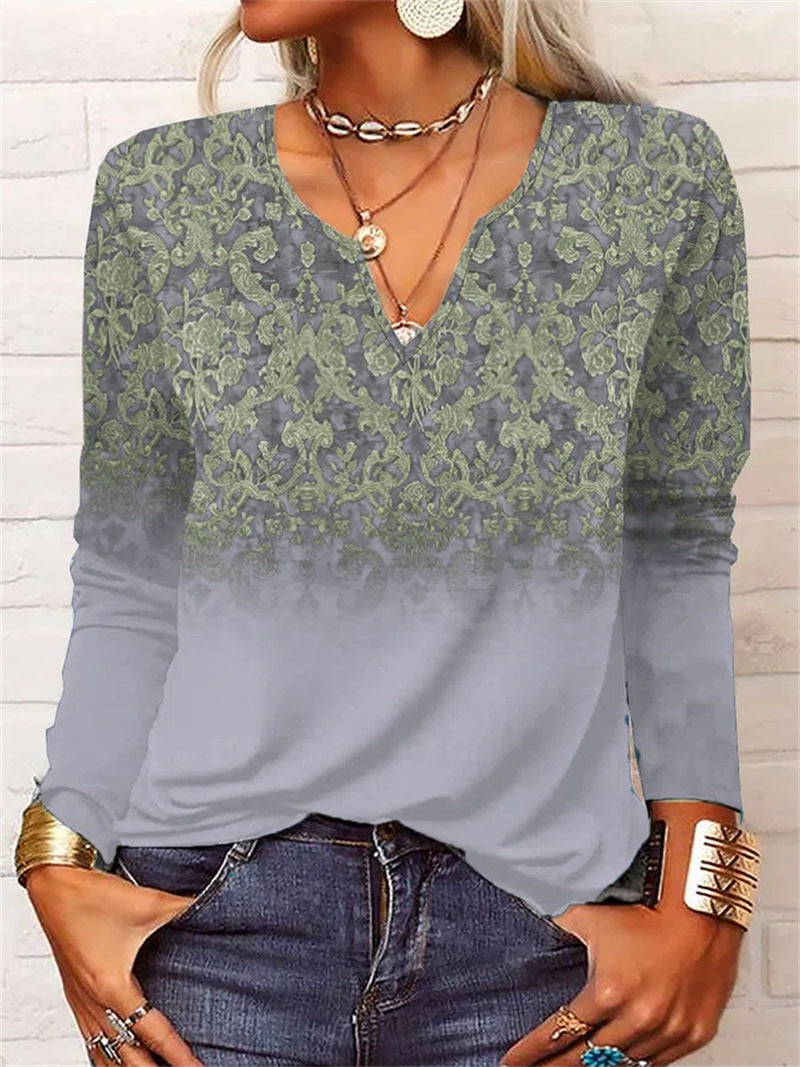 Loose Long Sleeve Floral V-Neck Ladies T-Shirt - Hiccupzz