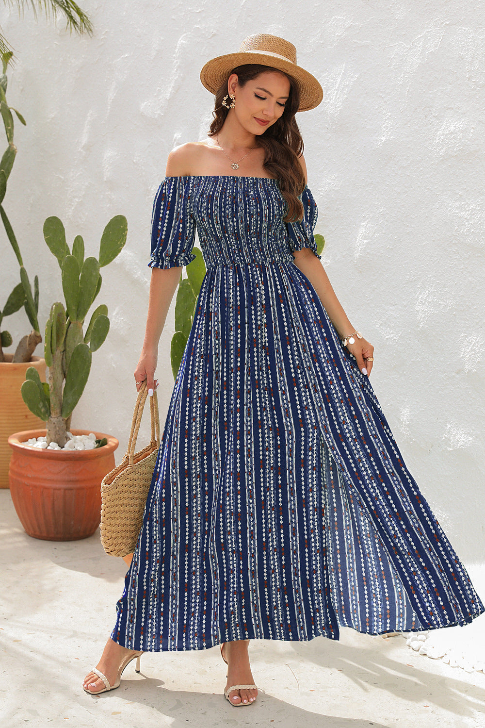 Spring And Summer New Vertical Stripes Floral Print Slit Waist Dress - Hiccupzz