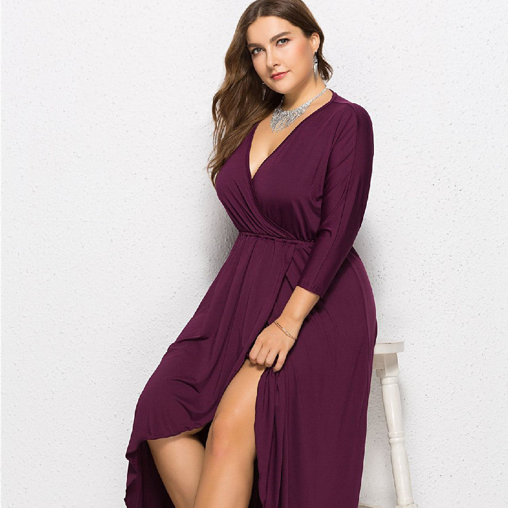 N V-neck Batwing Sleeve Large Hem Sheath Solid Color Dress - Hiccupzz