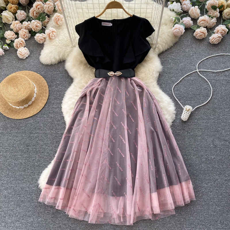 Women's Slimming Printed Contrasting Color V-Neck Dress - Hiccupzz