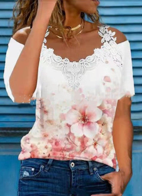 V Neck Lace Shoulder Drain Short Sleeve Casual - Hiccupzz
