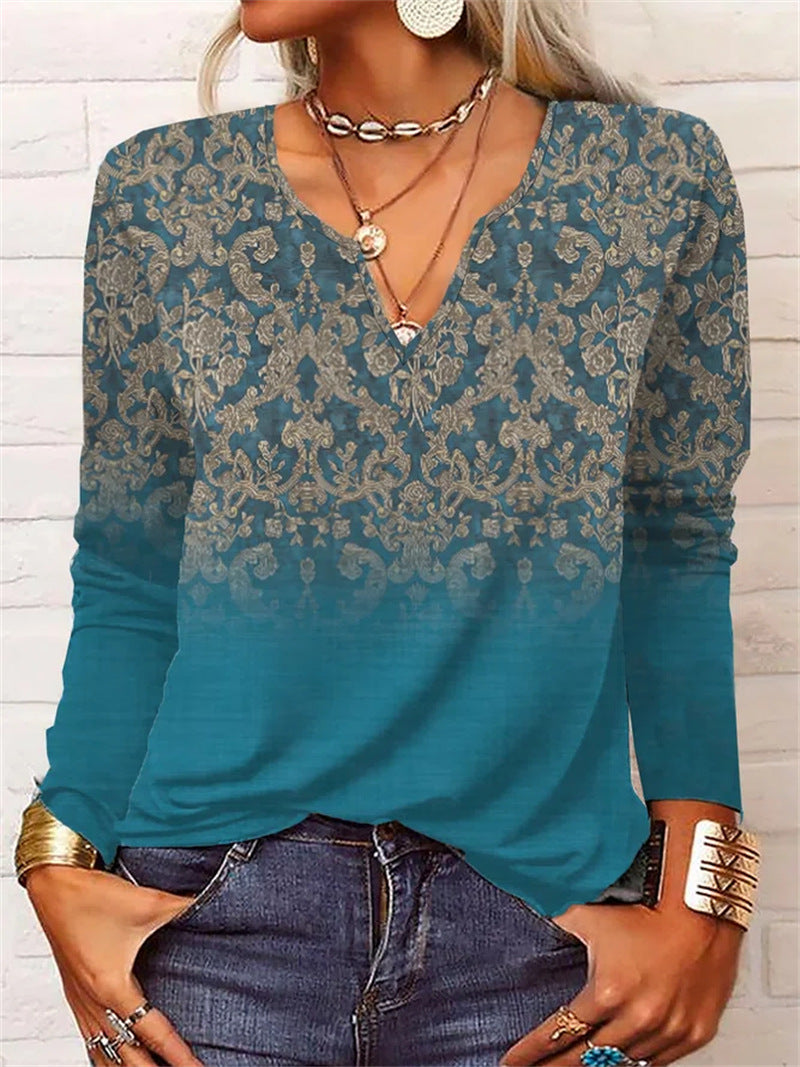 Loose Long Sleeve Floral V-Neck Ladies T-Shirt - Hiccupzz