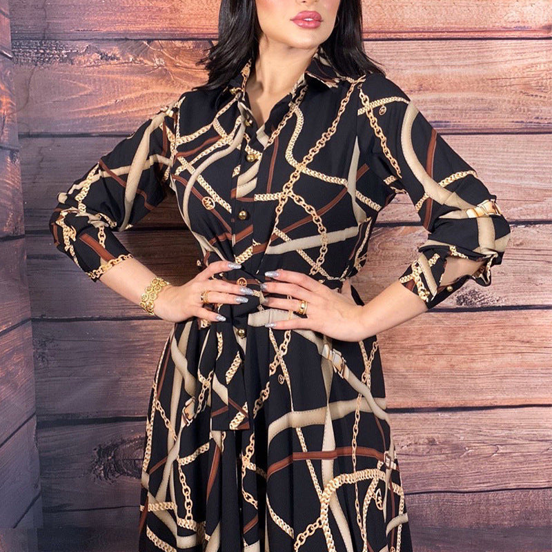 Women's V-neck Printed Dress With Belt - Hiccupzz