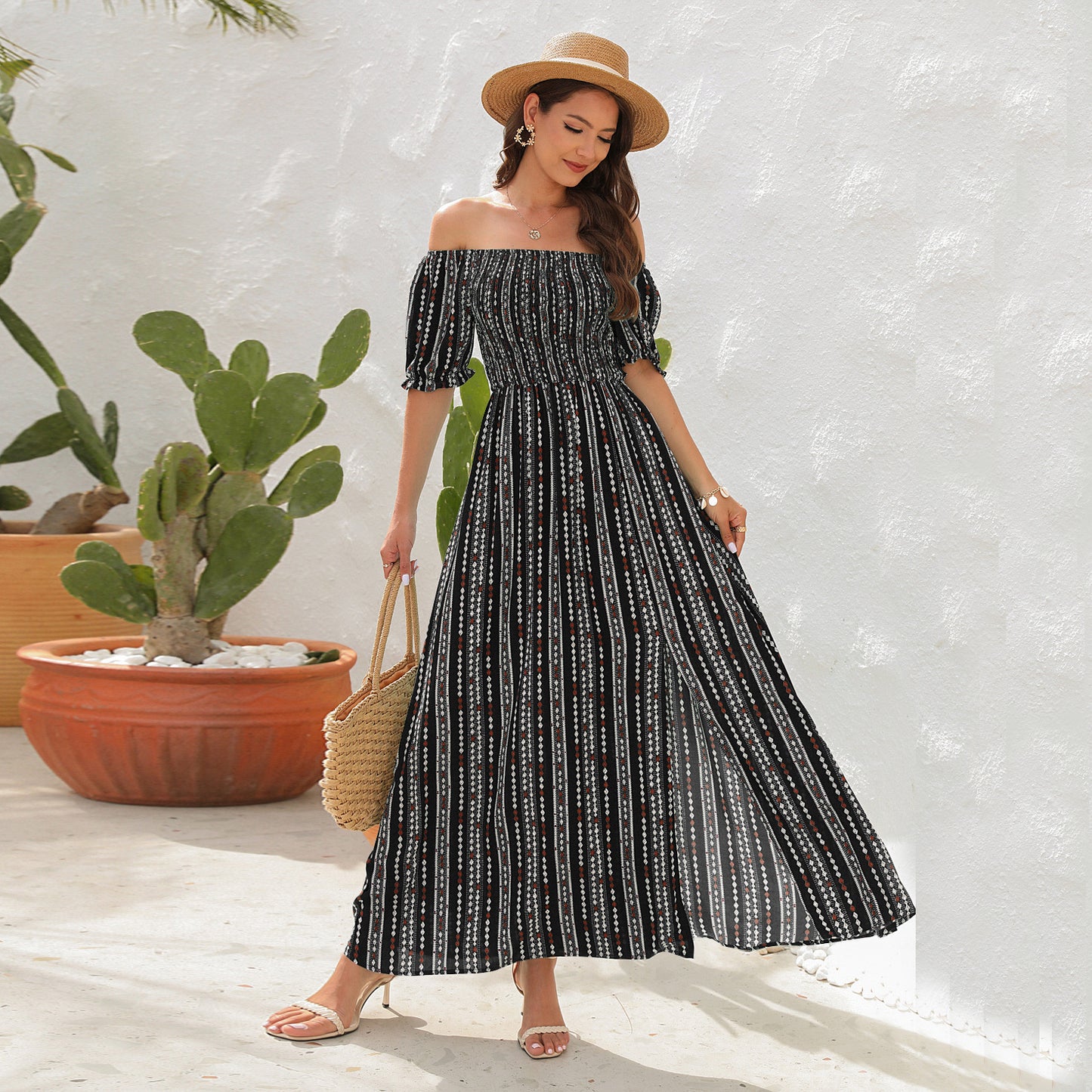 Spring And Summer New Vertical Stripes Floral Print Slit Waist Dress - Hiccupzz