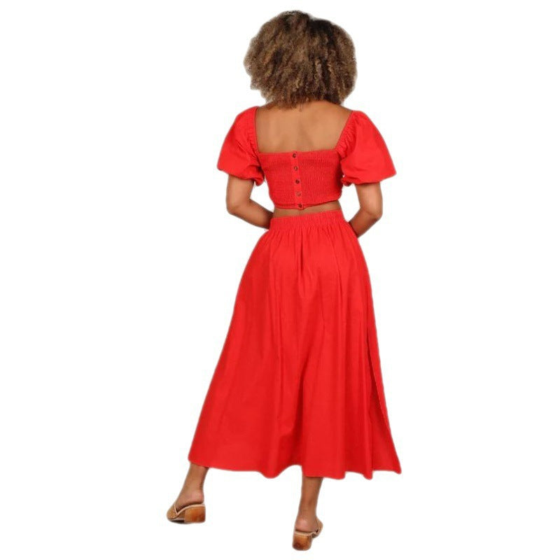 Spring Summer New Lantern Sleeve Square Collar Top Split Dress Two-piece Set - Hiccupzz