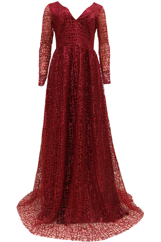 Blue WeddingAutumn And Winter New Long Sleeve Sequin Sequined Formal Swing Dress V-neck - Hiccupzz