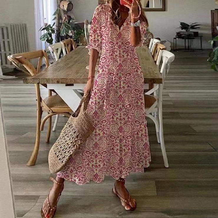 Casual And Sweet V-neck Printed Tassel Short Sleeve Midi Dress For Women - Hiccupzz