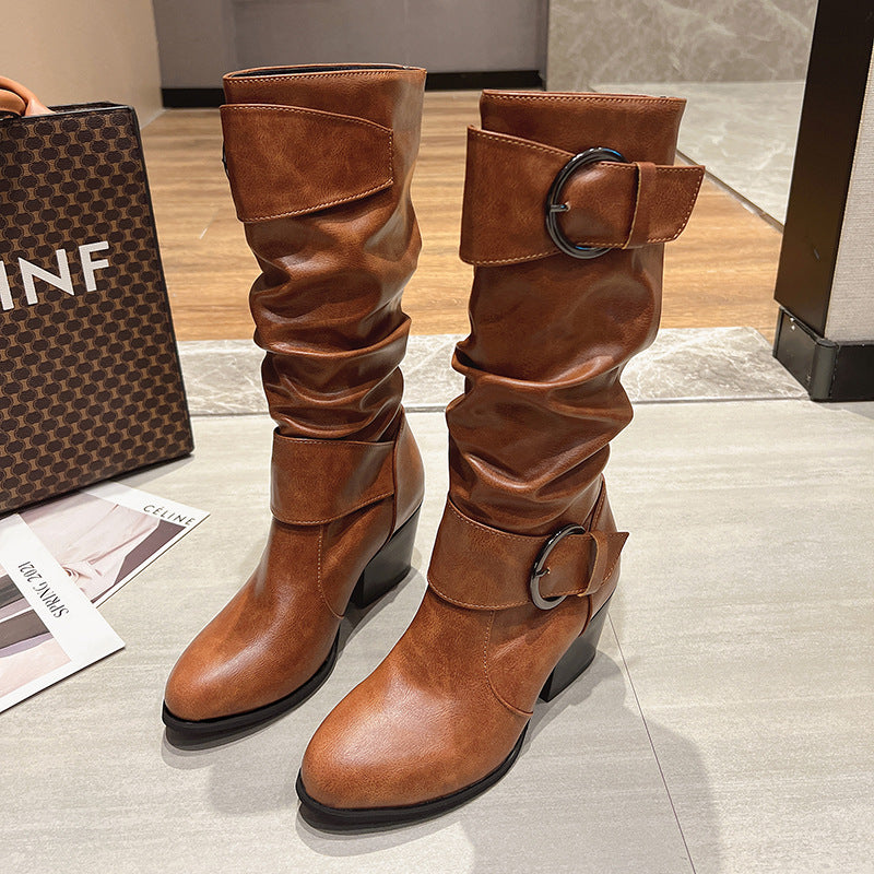 Western Cowboy Boots Women Buckle Chunky Mid Heel Shoes - Hiccupzz