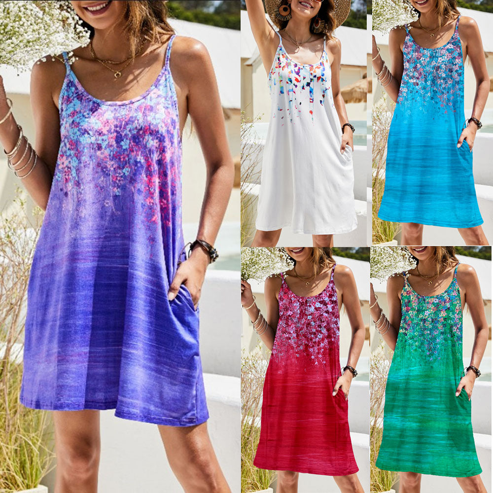 New Women's Pocket Printed Loose Strap Dress - Hiccupzz