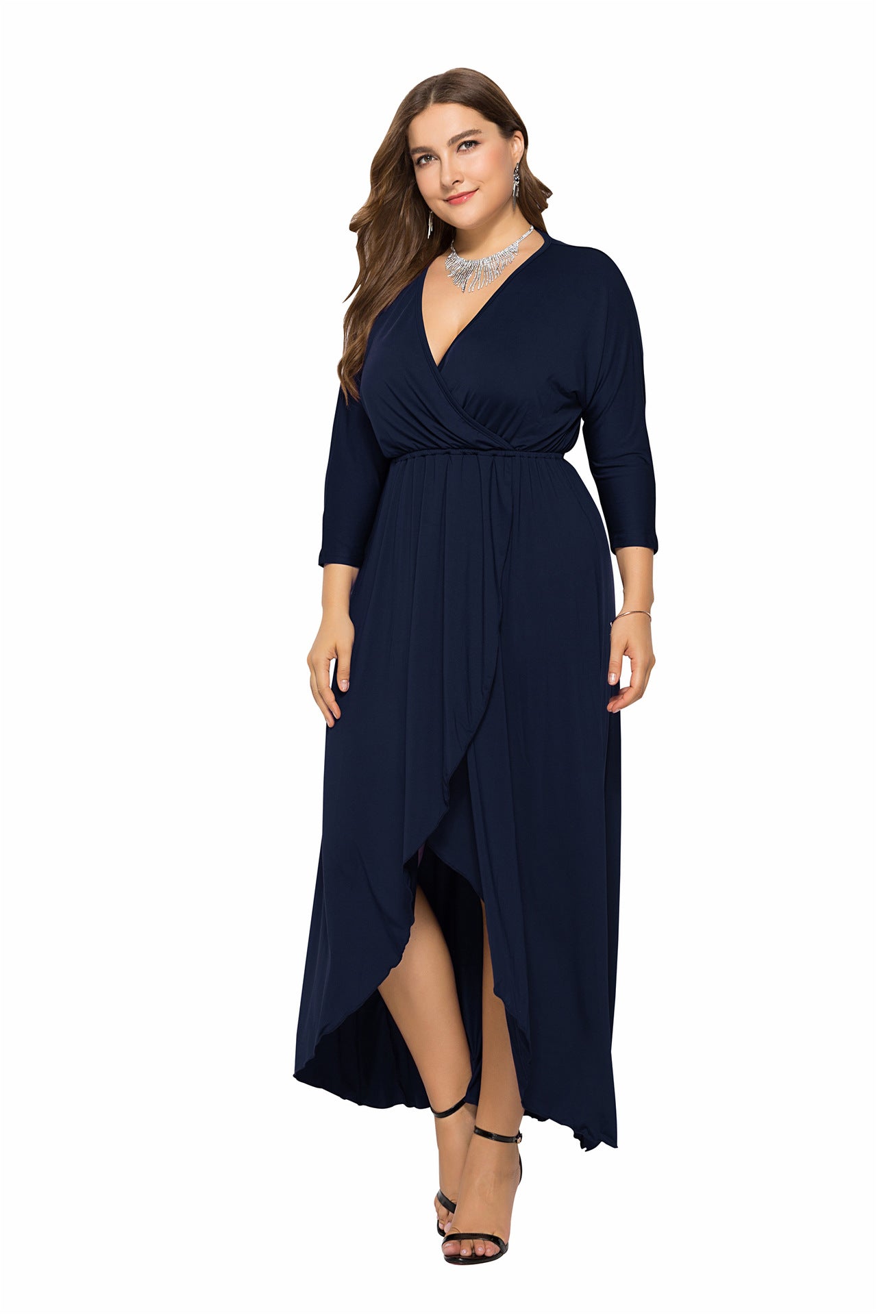 N V-neck Batwing Sleeve Large Hem Sheath Solid Color Dress - Hiccupzz