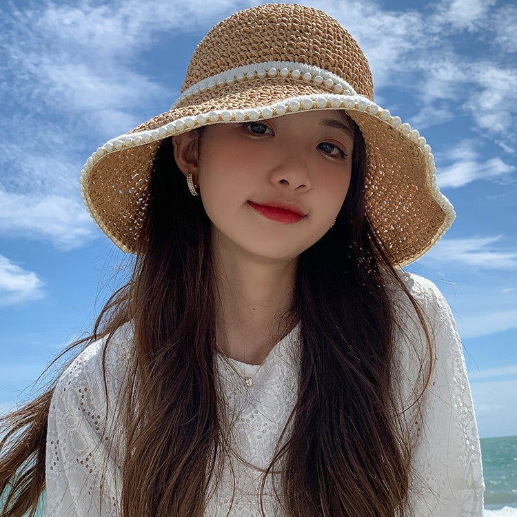 Straw Hat Female Braided Pearl Grass Braided Summer Thin Section - Hiccupzz
