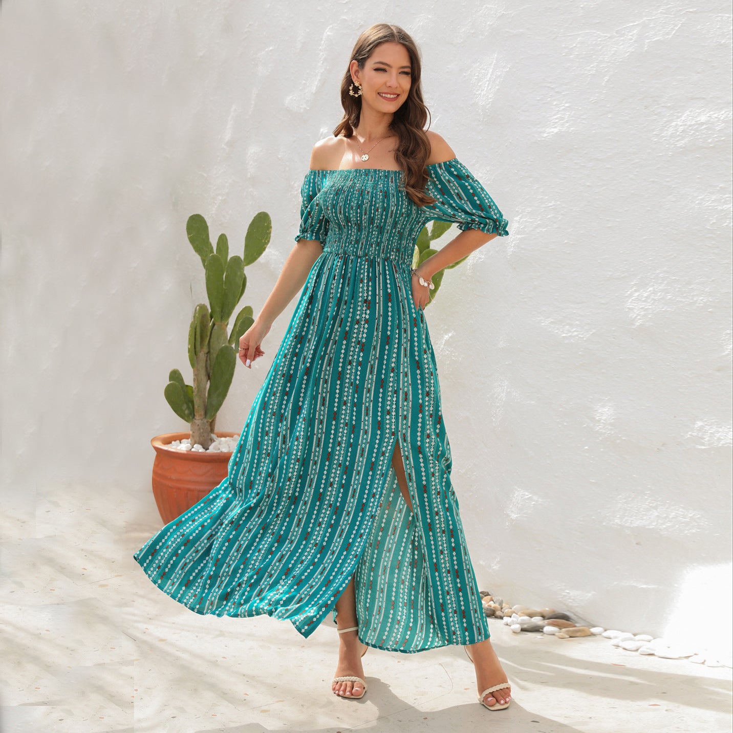 Spring And Summer New Vertical Stripes Floral Print Slit Waist Dress - Hiccupzz