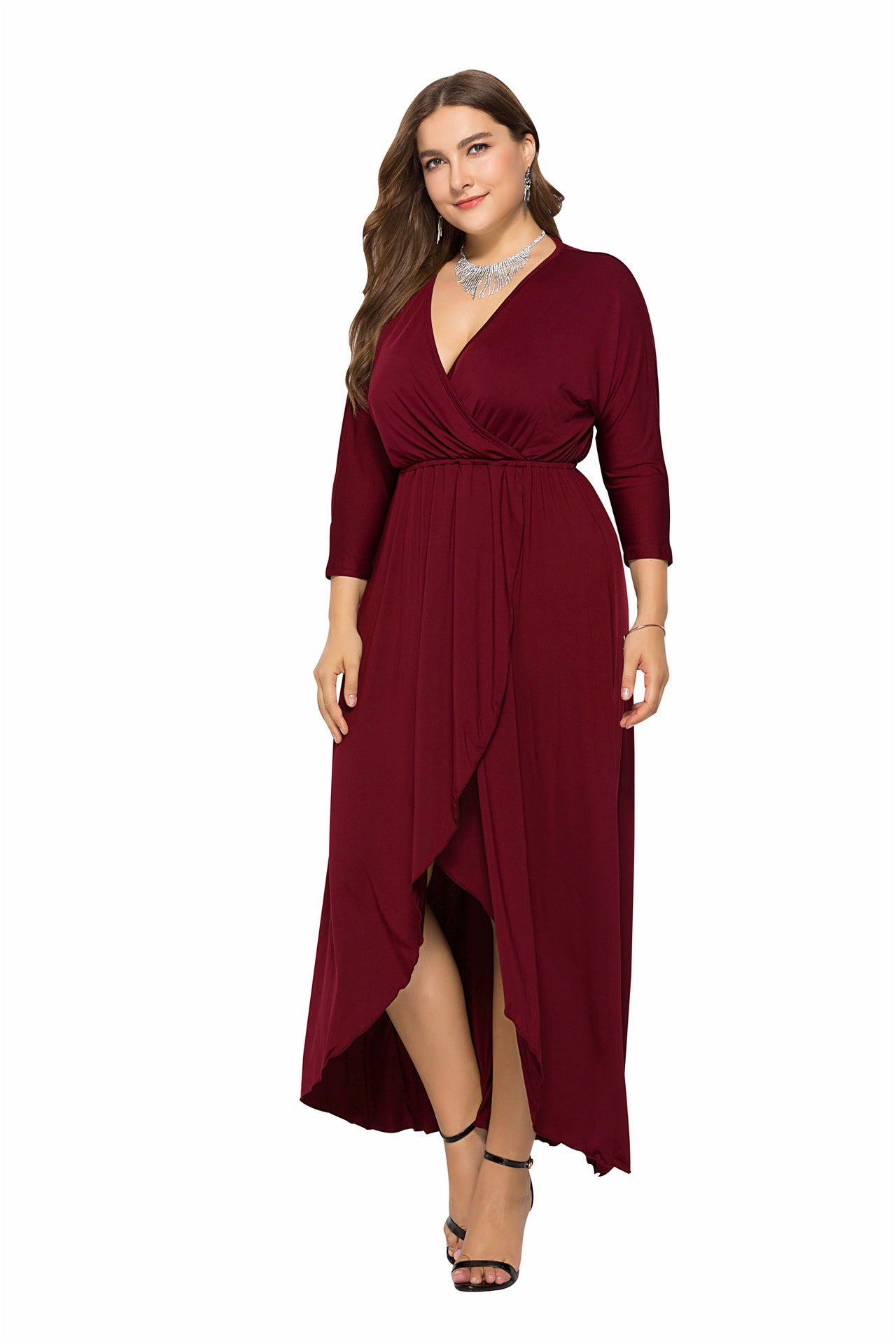 N V-neck Batwing Sleeve Large Hem Sheath Solid Color Dress - Hiccupzz
