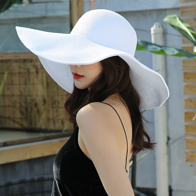 HT3062 Fashion Big Large Wide Brim Hat Solid Plain Floppy Beach Sun Hat Packable Summer Hats for Women Lady Straw Hat Beach Cap - Hiccupzz