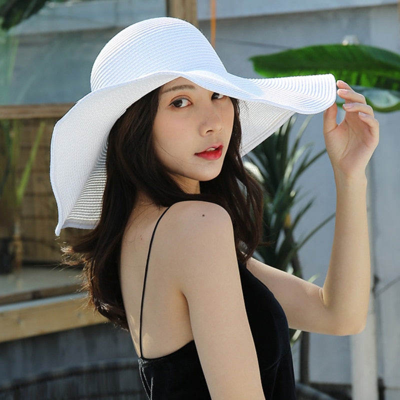 HT3062 Fashion Big Large Wide Brim Hat Solid Plain Floppy Beach Sun Hat Packable Summer Hats for Women Lady Straw Hat Beach Cap - Hiccupzz