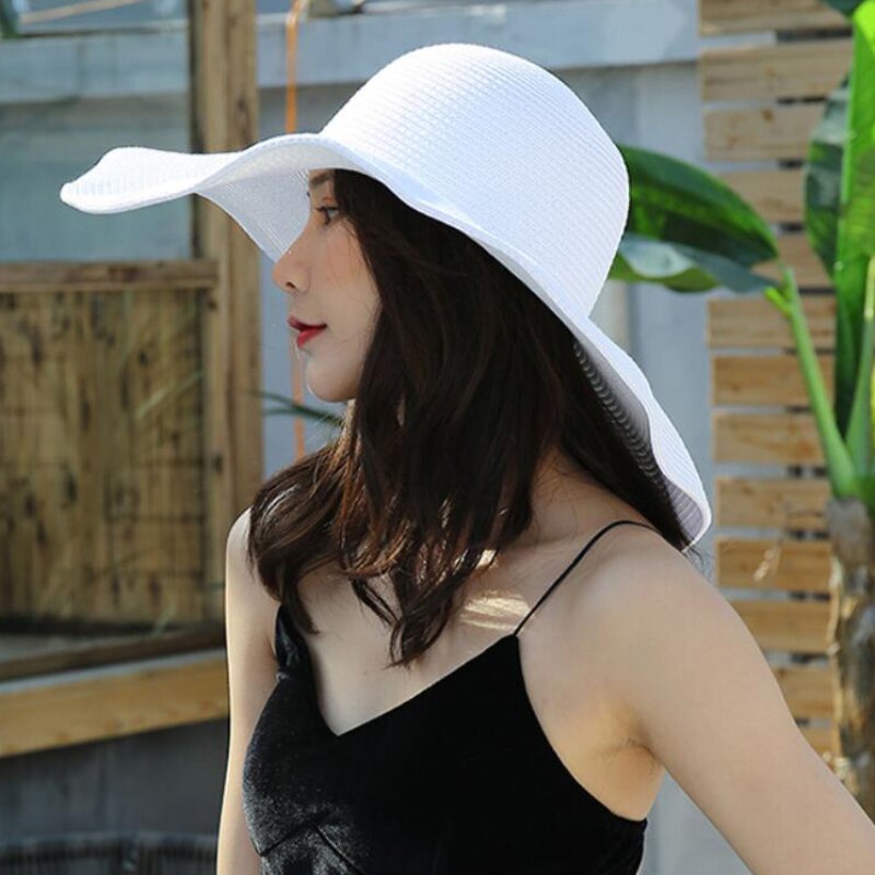 HT3062 Fashion Big Large Wide Brim Hat Solid Plain Floppy Beach Sun Hat Packable Summer Hats for Women Lady Straw Hat Beach Cap - Hiccupzz