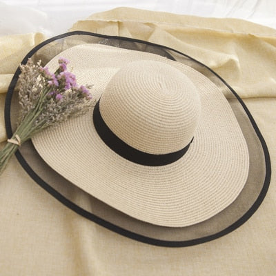 HT2504 Sun Hat Summer anti-UV Lady Wide Brim Hat Women Solid Plain Floppy Summer Straw Hats for Women Female Mesh Brim Beach Hat - Hiccupzz