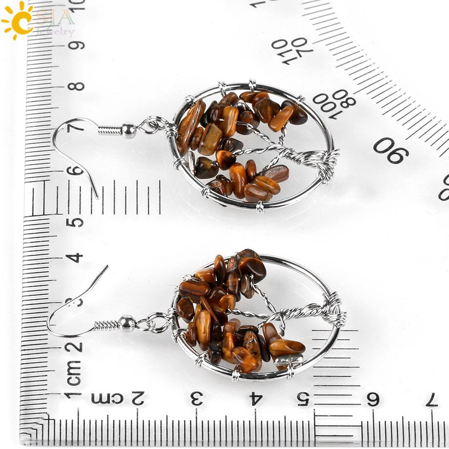 Tree of Life Women Drop Earrings Round Natural Chip Gem Stone - Hiccupzz